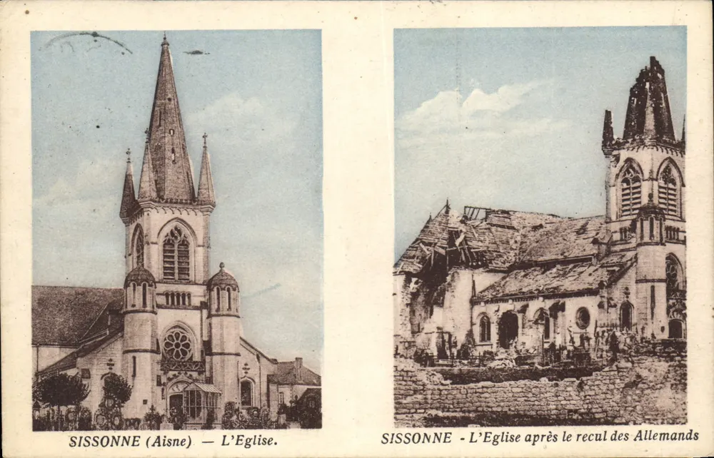 Sissonne (Aisne) — A Igreja antes e depois do recuo dos Alemães - Frente