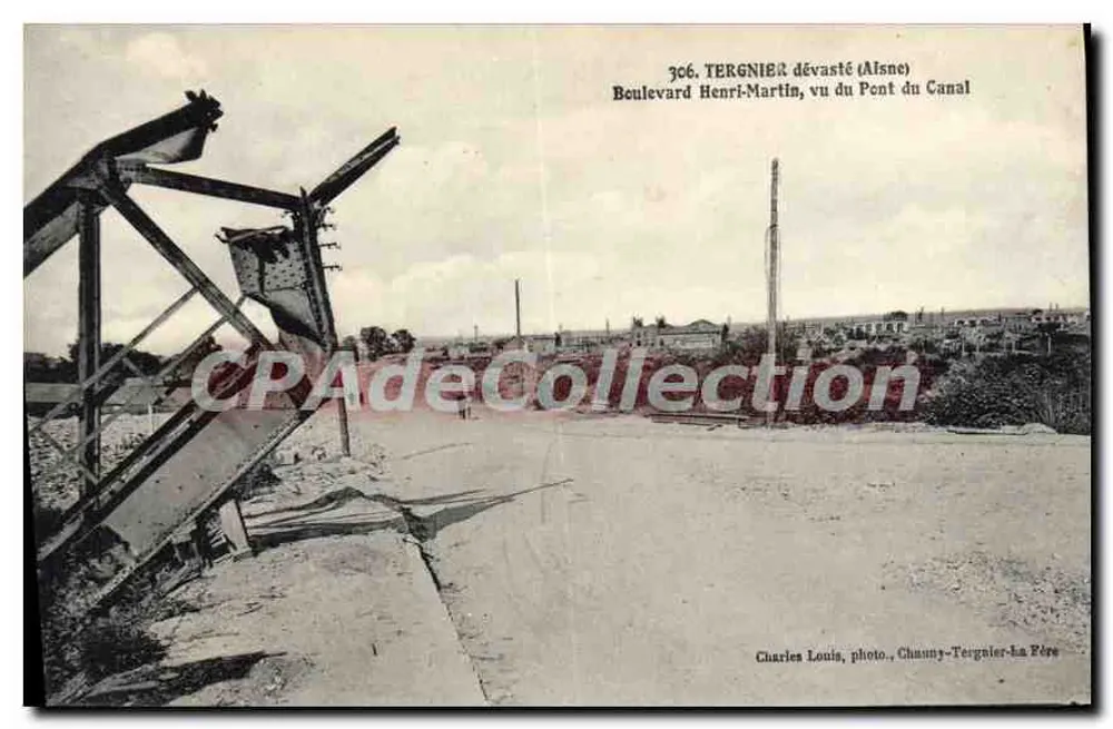 Zerstörtes Tergnier (Aisne) — Blick auf den Boulevard Henri-Martin vom Kanalbrücke — Charles Louis, Foto, Chauny-Tergnier-la Père - Vorderseite