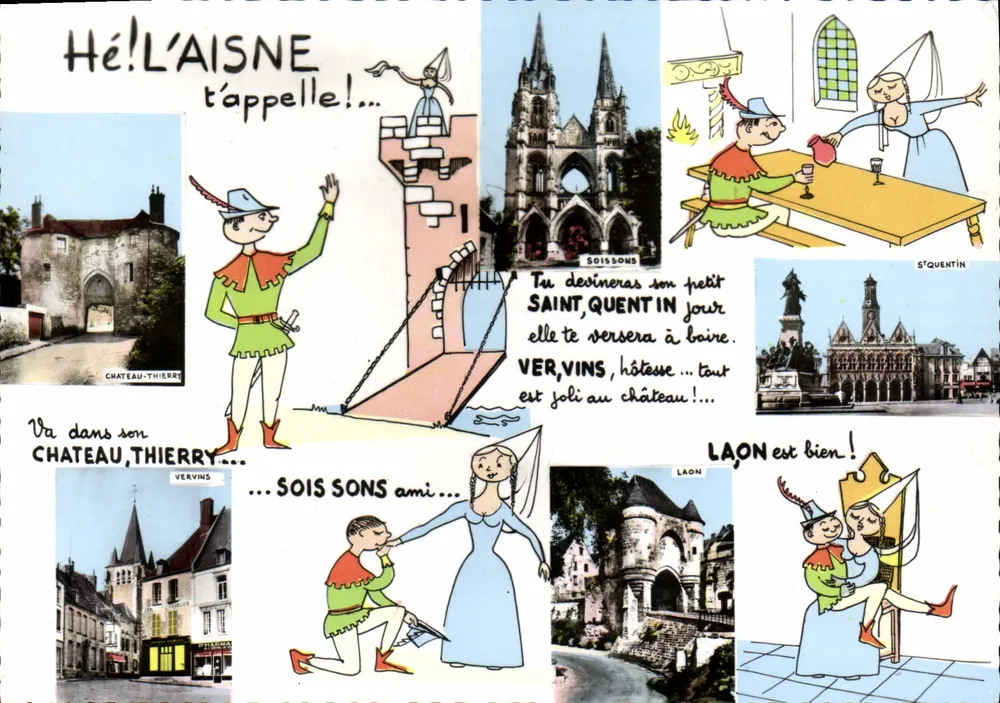 L'AISNE — Carte humoristique avec illustrations de sites : Château-Thierry, Soissons, Laon, Vervins, Saint-Quentin — Imprimeur Combier Imprimeur Maccon (F1.S.&L.) - Frente