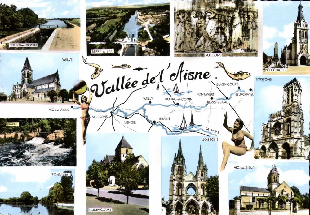 Vale do Aisne — Carta postal panorâmica com ilustrações de locais — Editor SP.A.D.E.M. n° VA 2 - Frente