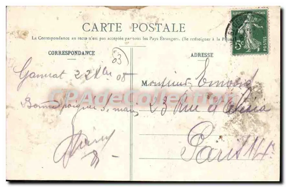 Ponte de Rouzat — Arredores de Gannat — Editor: Maloy, Gannat - Verso