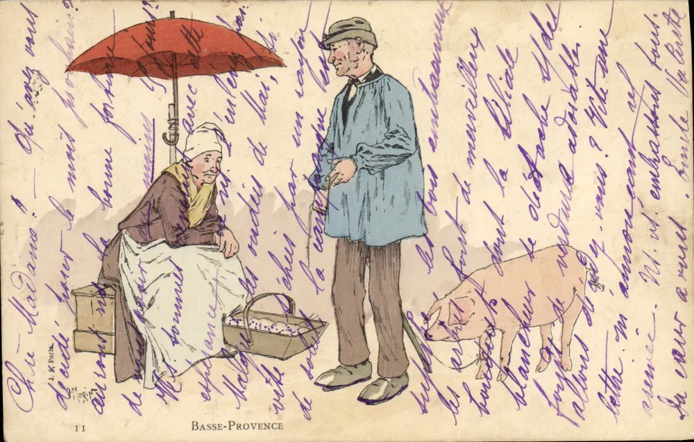 Mercado em Basse-Provence — mulher sob guarda-chuva e homem com porco — J. G. Puitk, n°11 - Frente