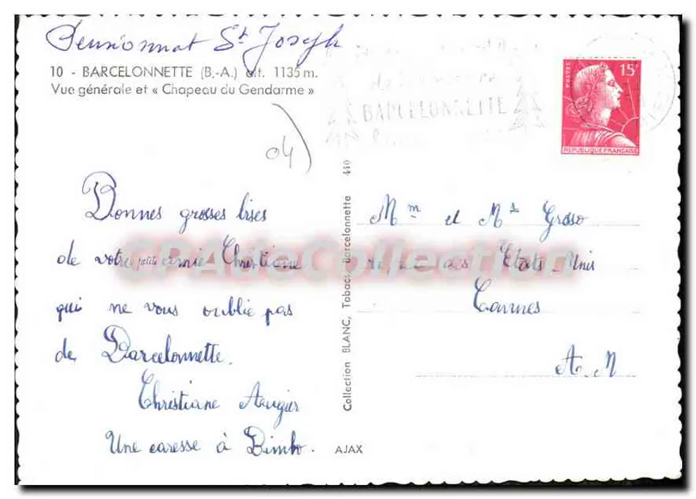 Barcelonnette — Vue générale et « Chapeau du Gendarme » — Collection BLANC, AJAX - Verso
