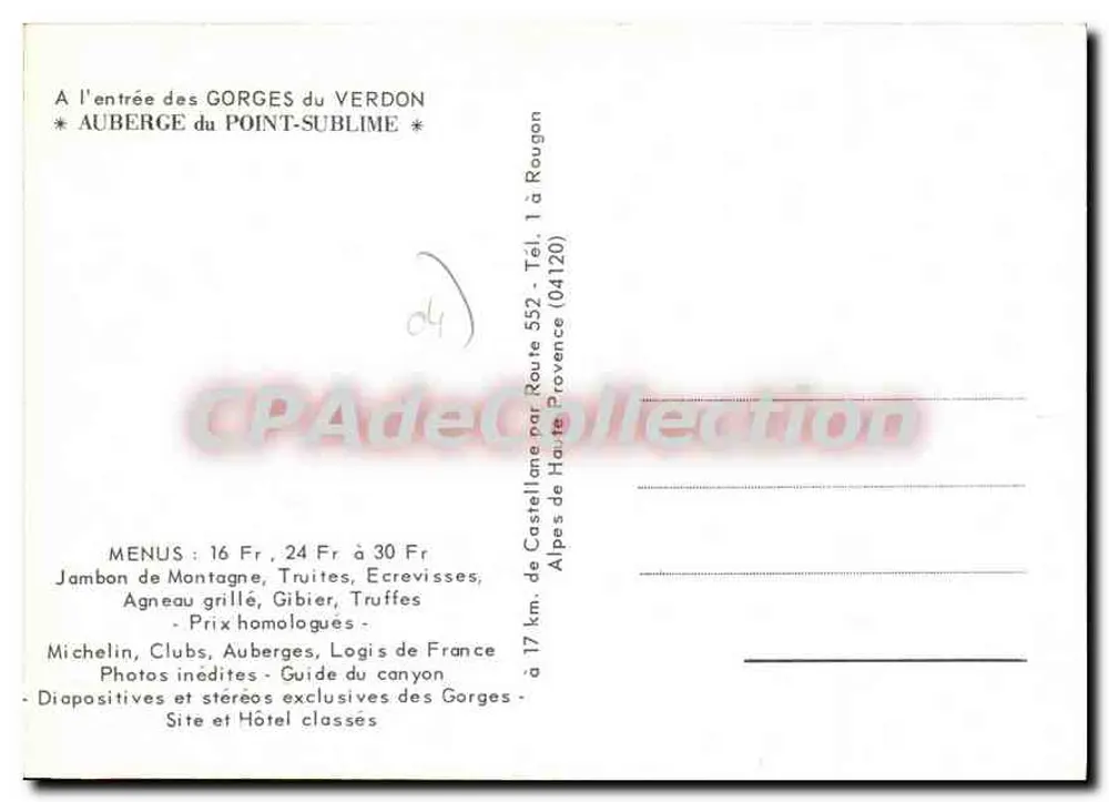Gorges du Verdon — Auberge du Point-Sublime — Verlag CPAdeCollection - Rückseite