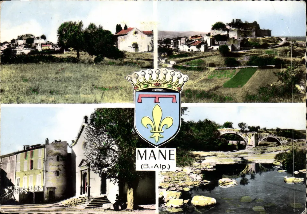 Mane (B.-Alp.) — vista panorâmica com igreja, castelo, ponte e brasão — editor R. LECOIN - Frente