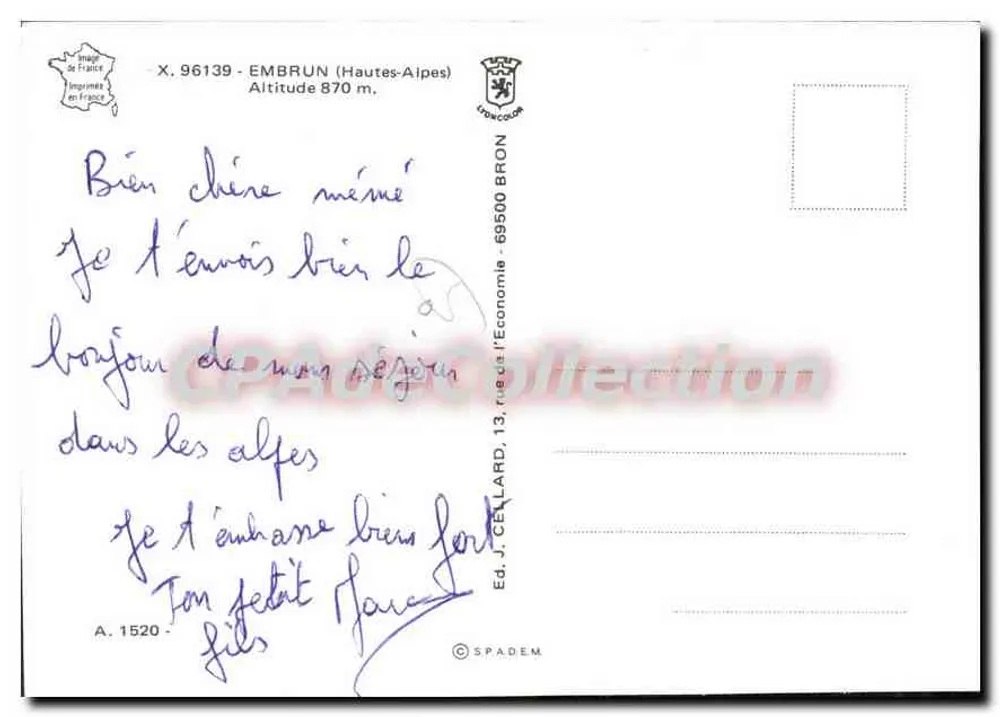 Embrun — a NICE dos ALPES — Ed. J. CELLARD, n° 1520 - Verso