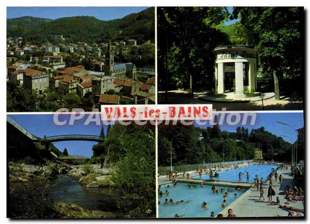 Vals-les-Bains — Panoramablick, Schwimmbad, Brücke und Thermalbau — Verlag S.A.D. de l'Hôtel de Ville, Vichy - Vorderseite