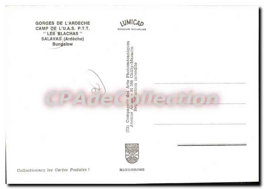 Gorges der Ardèche — Lager der U.A.S. P.T.T. 'Les Blachas' — Salavas (Ardèche) — Verlag Lumicap - Rückseite