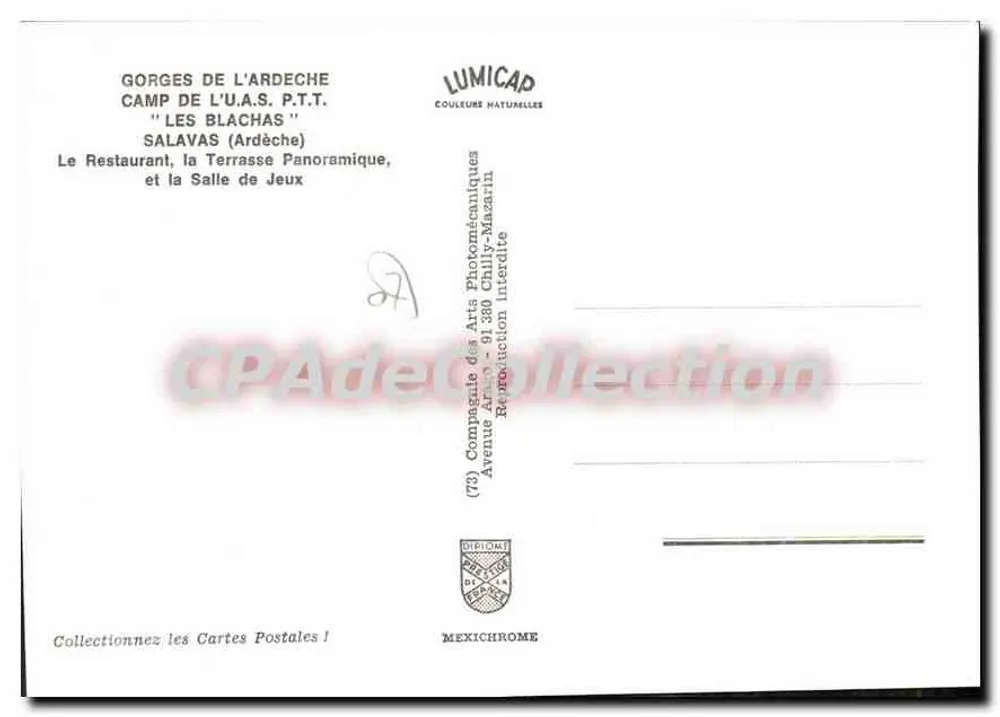 Gorges de l'Ardèche — Lager der U.A.S. P.T.T. 'Les Blachas' — Lumicap - Rückseite