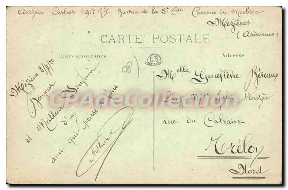 Mézières — Eingang zu den Kasernen des 91. Infanterieregiments — Edition P. Jardin, Mézières - Rückseite