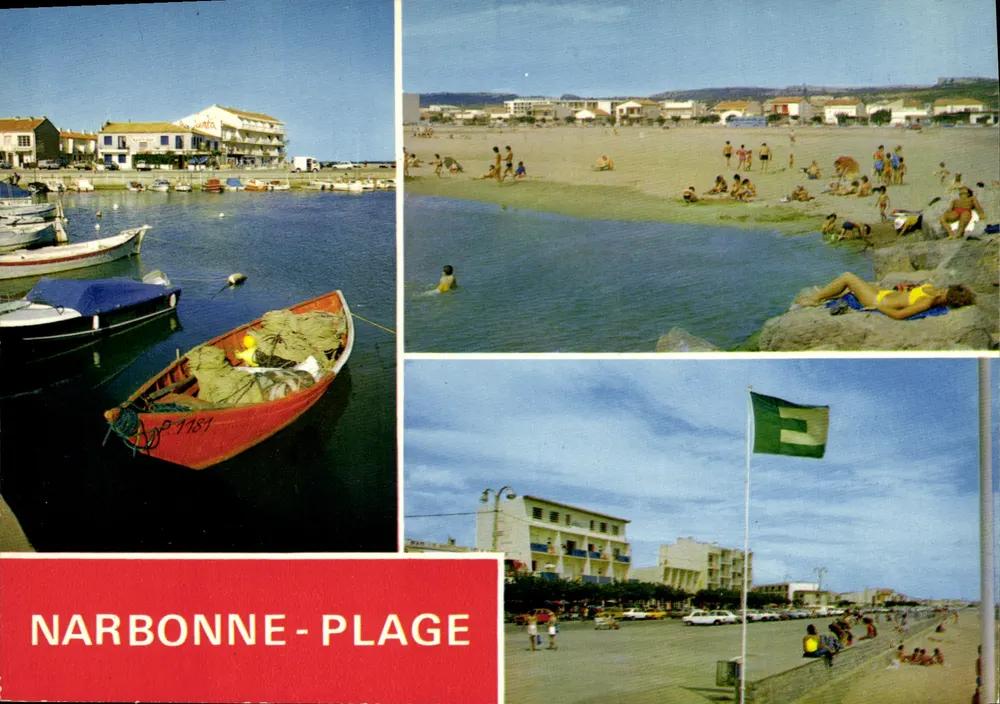 NARBONNE-PLAGE — vista do porto, praia e promenade — Edições LA CIGOGNE, Rond-Point de l'Intendance, 13002 Marseille Cedex 3 - Frente