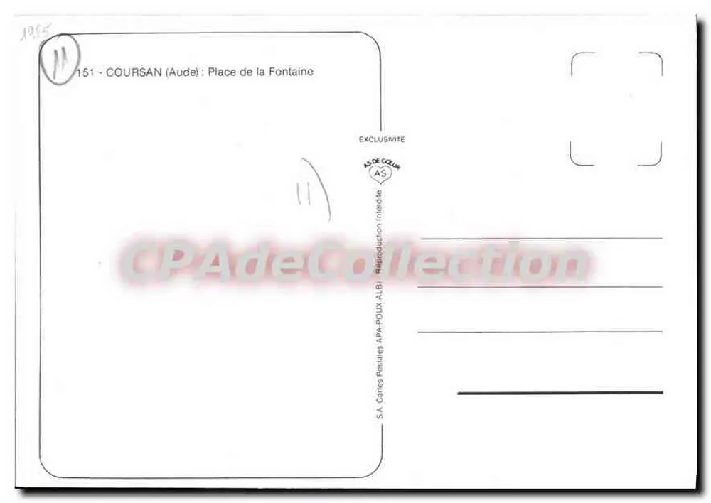 Coursan (Aude) — Piazza della Fontana — S.A. Carte Postali APA-PDUX ALBI - Verso