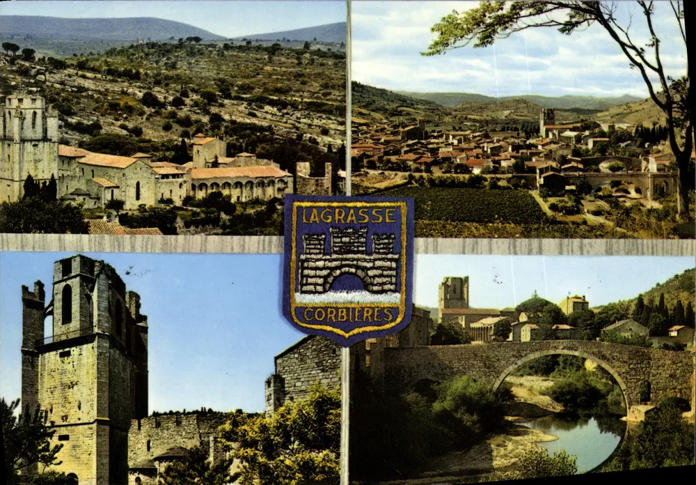 Lagrasse - Corbières — Vista geral, abadia, torre Charlemagne, ponte sobre o Orbieu — Edições Modelos « Tréolac » - Frente
