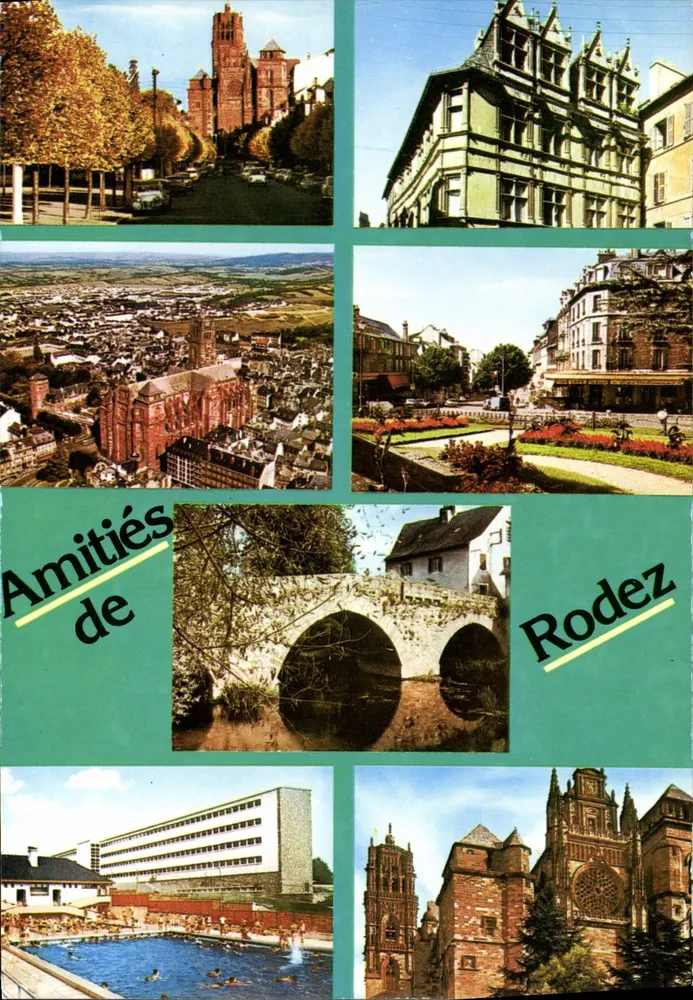 Rodez — Vista geral, Ponte de Laguiole, Piscina, Hotel d'Armagnac, Catedral — Impresso na França - Frente