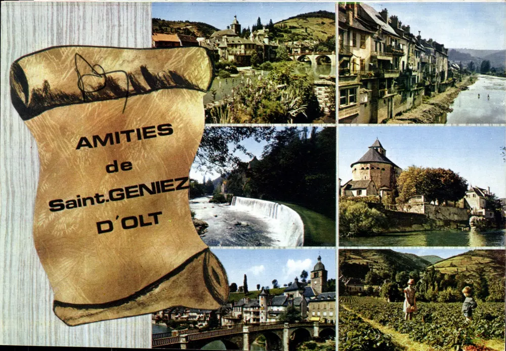 Saint-Geniez-d'Olt — Vista geral, cascata, ponte, casas, margens do Lot — L'Aveyron Touristique - Frente