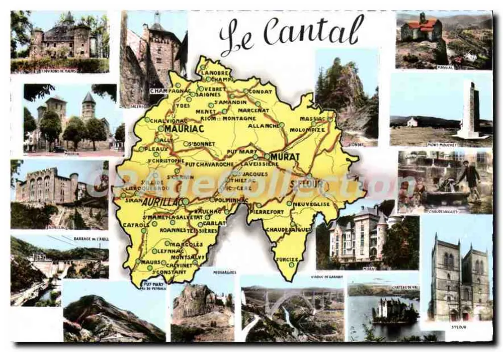 O Cantal — Carte postal turística com mapa e fotos de locais emblemáticos - Frente