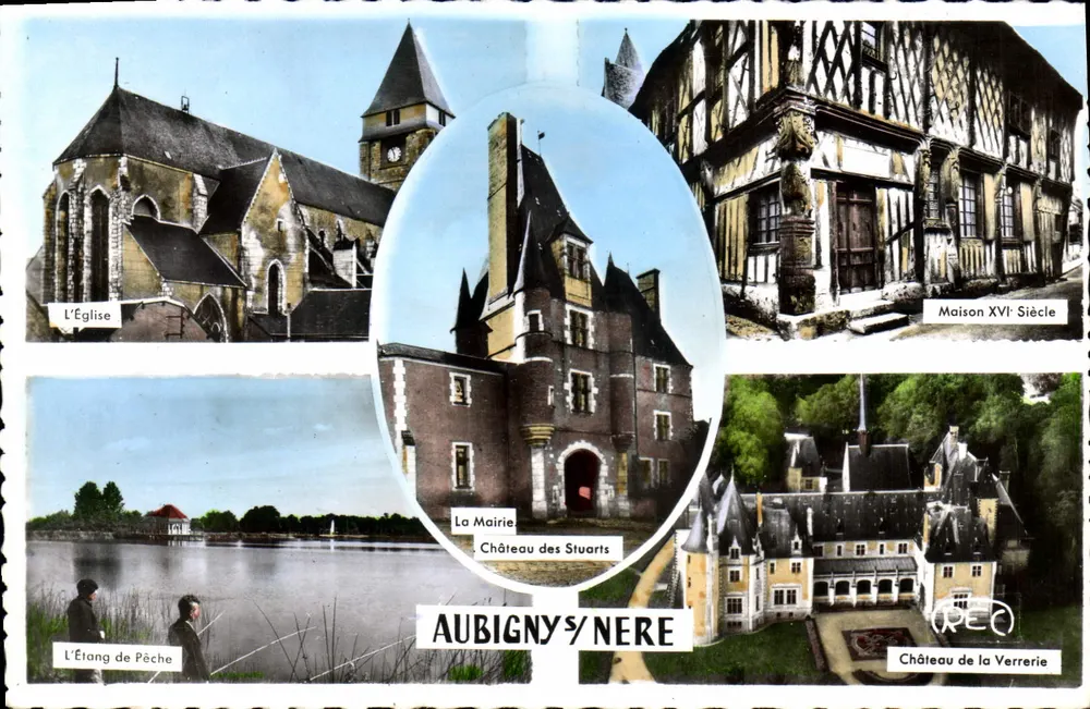 Aubigny-sur-Nère — Igreja, Castelo dos Stuarts, Casa do Século XVI, Lago de Pesca, Castelo da Verrerie — Editor Châteauroux - Frente