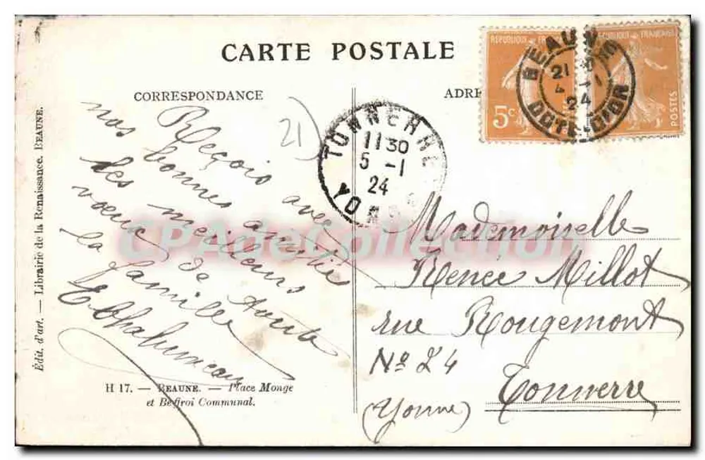 Beaune — Praça Monge — Hotel de Ville com sino — Editor H. 17 - Verso