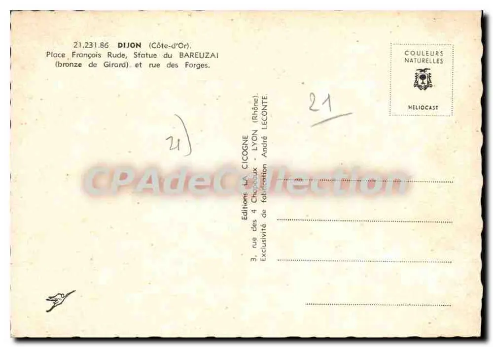 Dijon — Place François Rude e estátua do Bareuzai — Edição La Cigogne - Verso