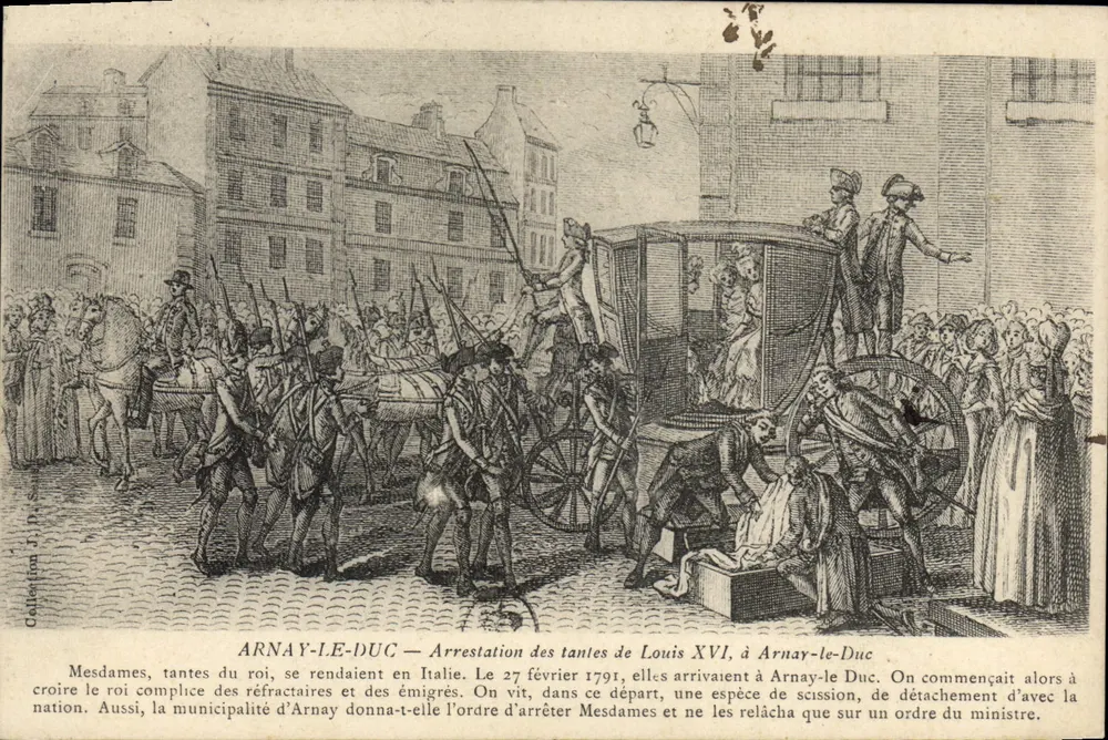 Verhaftung der Tanten von Ludwig XVI in Arnay-le-Duc — historische Gravur — Sammlung U. St. - Seriennummer nicht lesbar - Vorderseite
