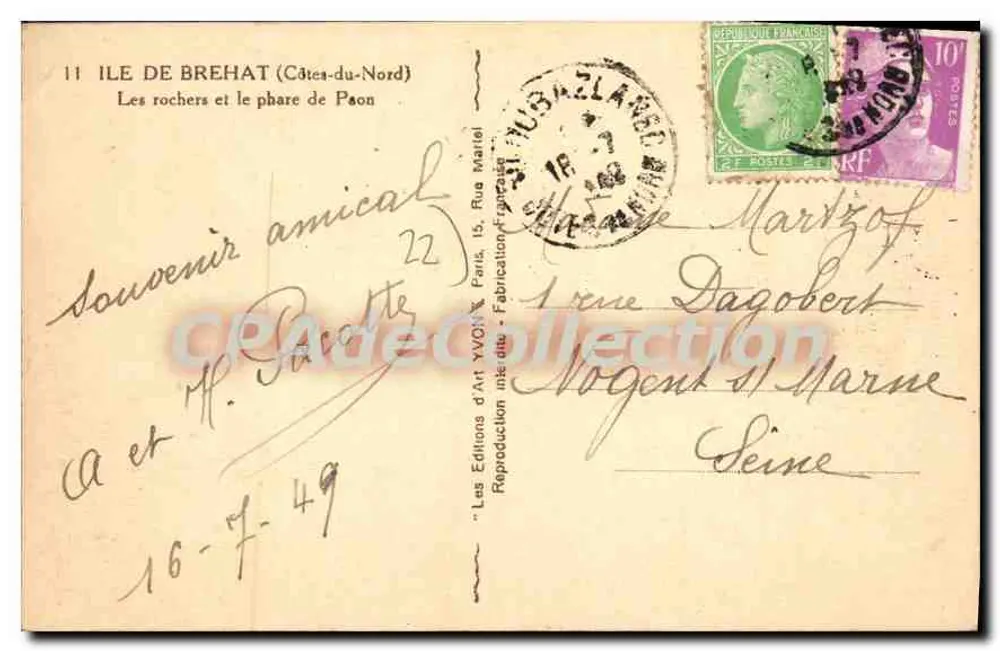 Ilha de Bréhat (Costas do Norte) — Os rochedos e o farol de Paon — Les Éditions d'Art Yvon, Paris - Verso