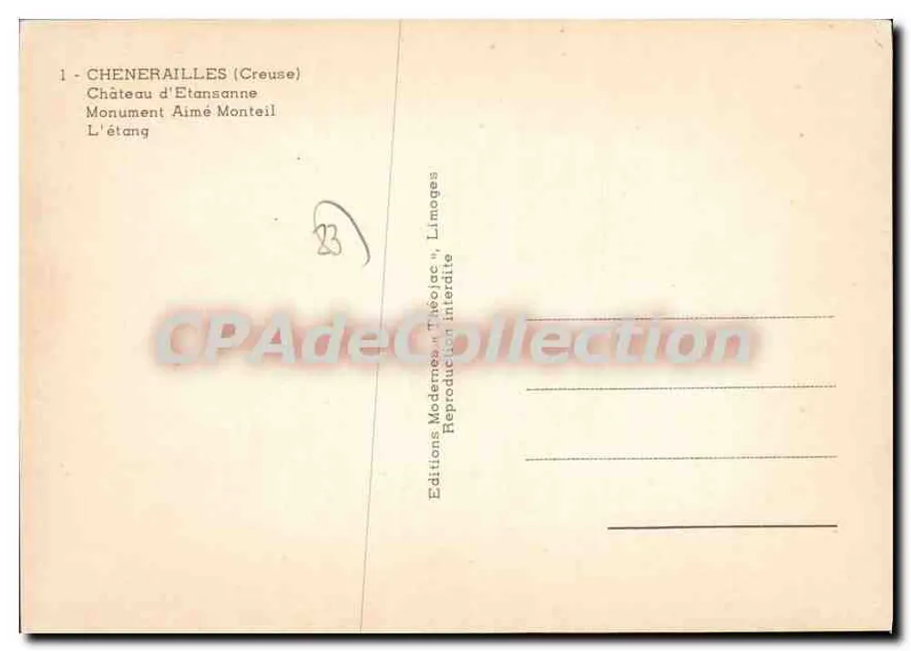 Chenerailles — Zamek Etansanne, Pomnik Aimé Monteil, Jezioro — Wydawnictwo Modemea « Théécjac » - Rewers