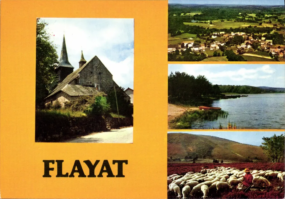 Flayat — vista da capela, do vilarejo, do lago e das ovelhas — CPADeCollection - Frente