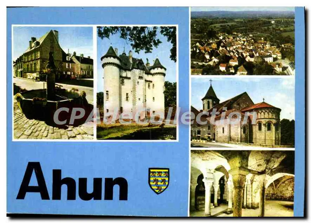 Ahun — vue générale, château, église Saint-Sylvain, crypte — CPAdeCollection n°13 - Recto