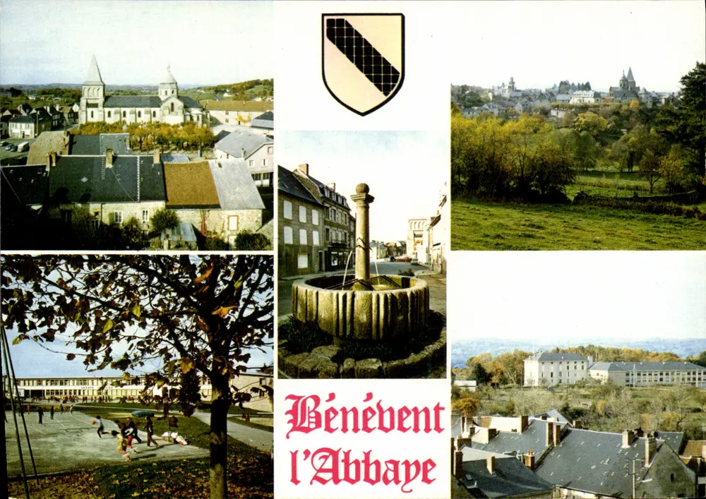 Bénévent-l'Abbaye — allgemeine Ansicht, Schulgruppe, Brunnen, Altenheim — Modern Editions & Théophile Limoges - Vorderseite