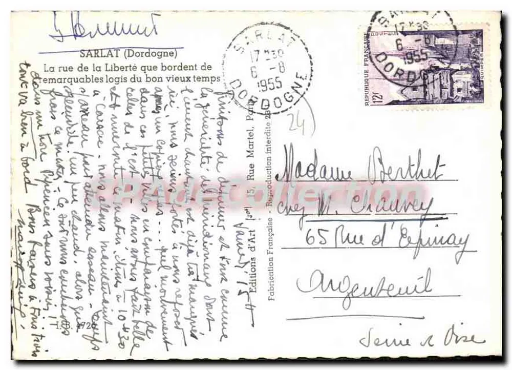 Sarlat-la-Canéda — rua da Liberdade com moradias antigas e torre redonda — J. Son - Verso
