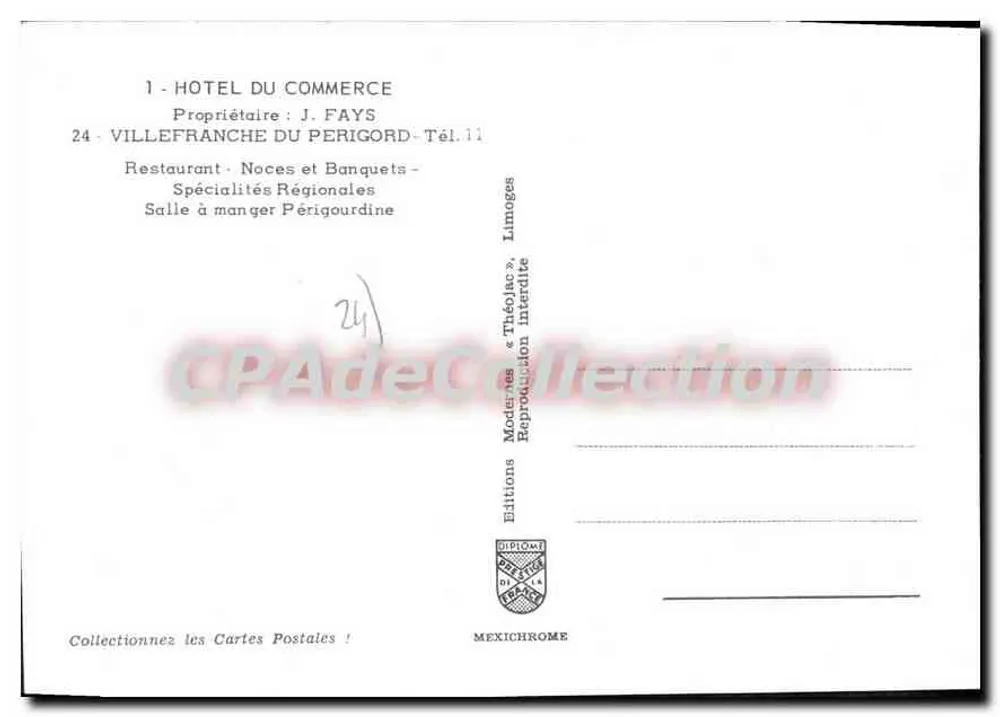 Sala da pranzo di un hotel - VILLEFRANCHE DU PERIGORD — Edizioni MEXICHROME, n°1 - Verso