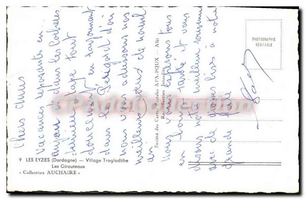 Les Eyzies (Dordogne) — Aldeia Trogloïdite — Sociedade das Cartas Postais APA-PQUX - Verso