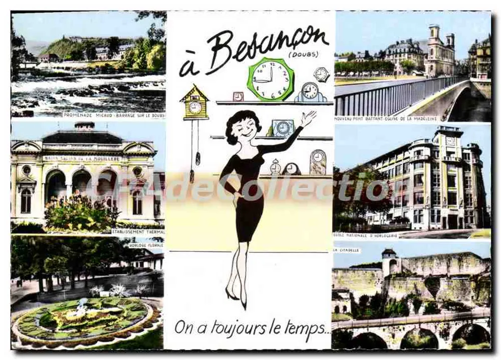 Besançon (Doubs) — vista panorâmica com ilustração de mulher e relógios — editor Combier - Frente