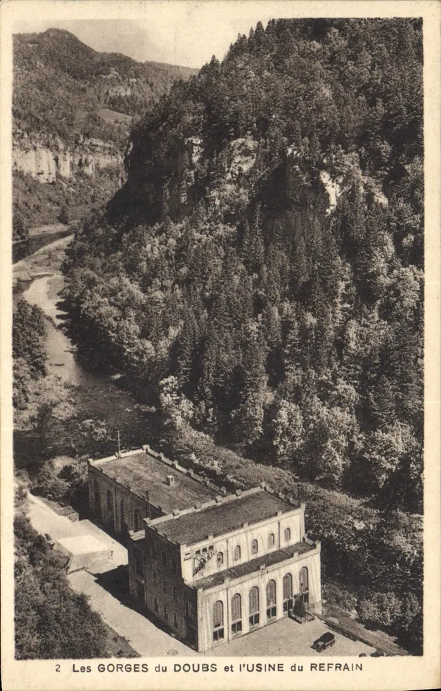 As Gorges do Doubs e a Fábrica do Refrain — vista aérea — Cliché E. Voldès - Frente