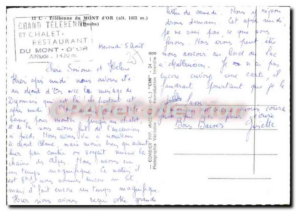 Mont-d'Or — Estação de esportes de inverno — Poste du Bon Temps, Grand Téléphérique e Chalet du Mont-d'Or - Verso