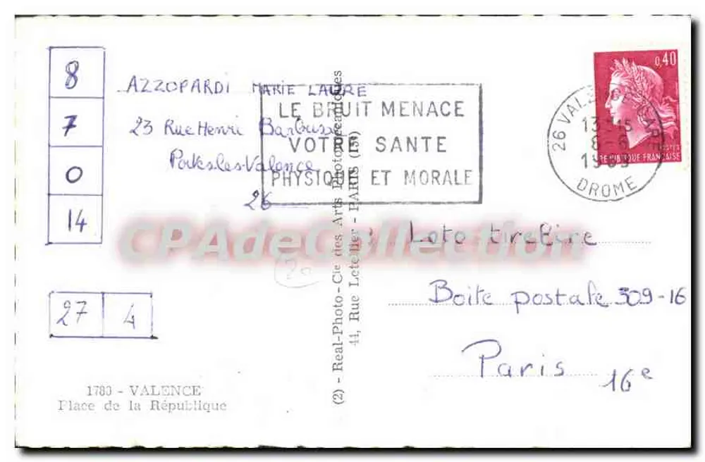 Grand Hôtel Dor - Valence — vista da praça da República — editor CPAdéCollection - Verso