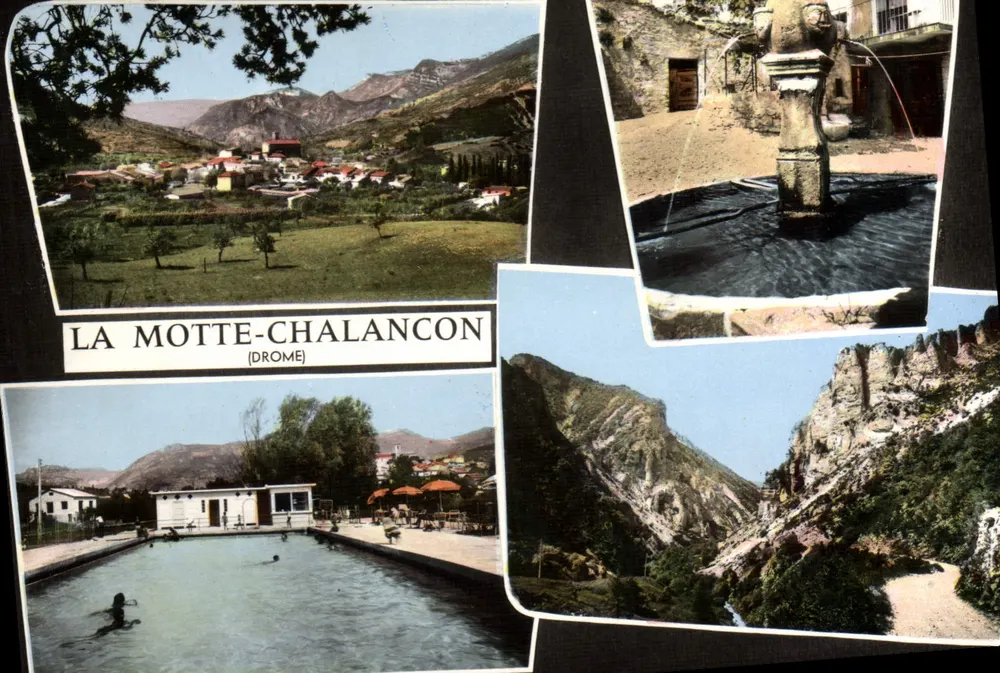 La Motte-Chalancon (Drôme) — vista panorâmica, fonte, piscina e falésia — editor não identificado - Frente