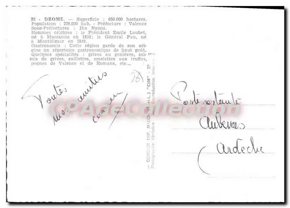 A Drôme — Carta postal turística com vignetas de locais — editor COCHER - Verso