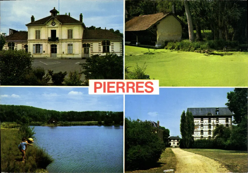 Pierresres — Blick auf das Rathaus, den See, das alte Waschhaus und ein Schloss — La Cigogne, Verlag - Vorderseite