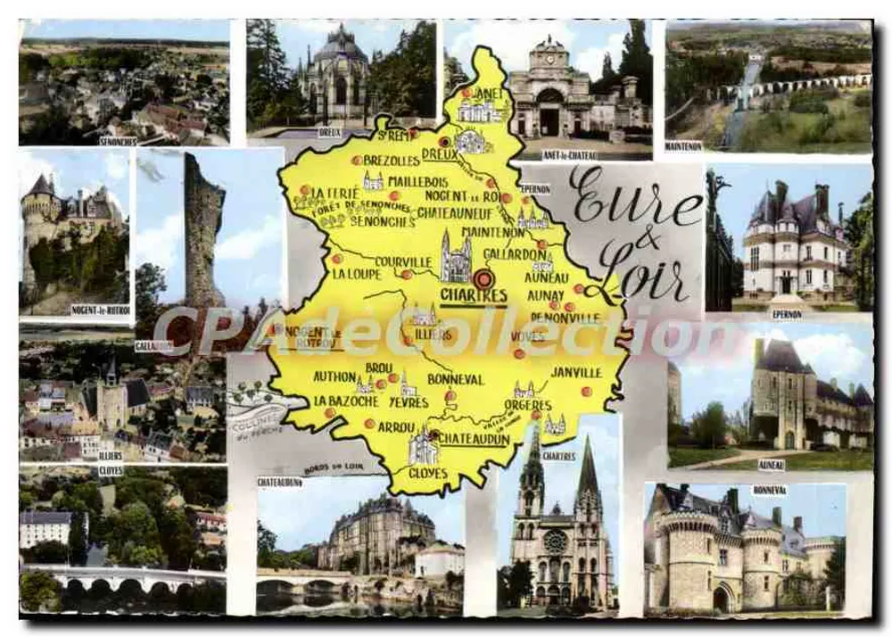 Eure-et-Loir — Carte postale touristique avec carte et photos de sites — Éditeur : CPADecollection - Frente