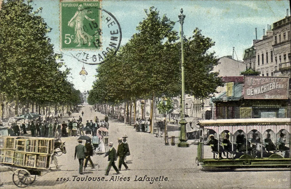 Toulouse - Allées Lafayette — vue animée avec tramway et marchandises — Édition Labouche Frères, n°2745 - Recto