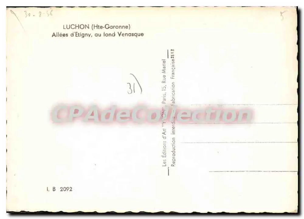 Luchon (Hte-Garonne) — Allées d'Étigny, au fond Venasque — Yvon, n° I.B. 2092 - Verso