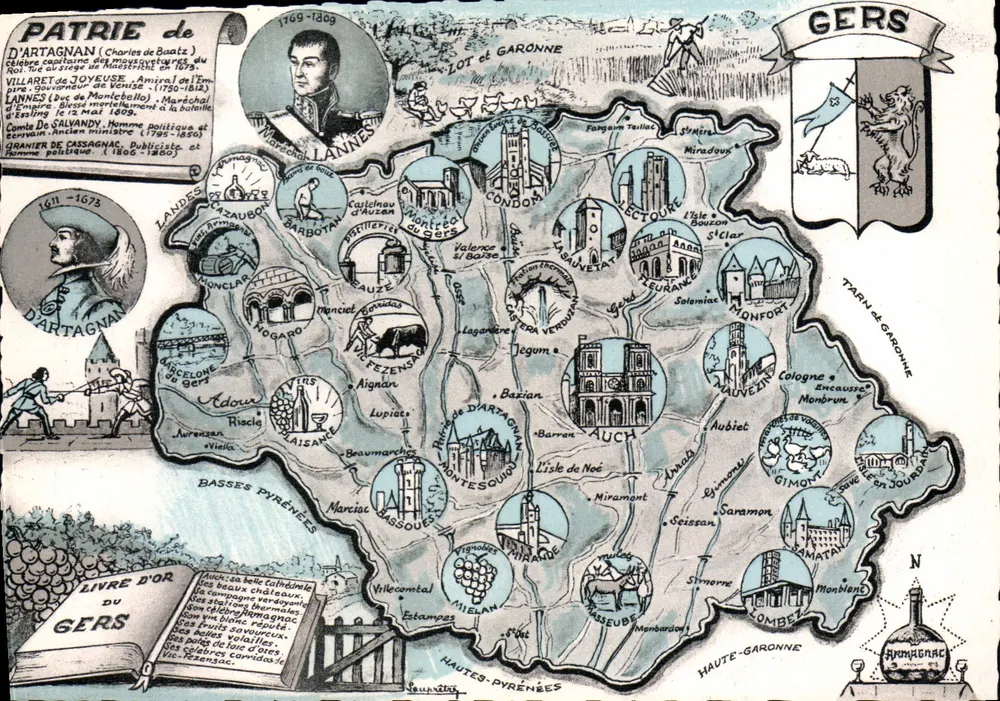Gers — Carta postal ilustrada com figuras históricas e locais - Frente