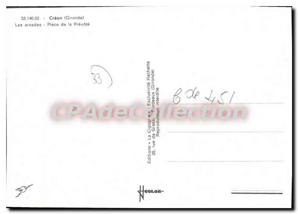 Créon (Gironde) — Plein de la Prévôté — La Cigogne, n°33.140.02 - Achterkant