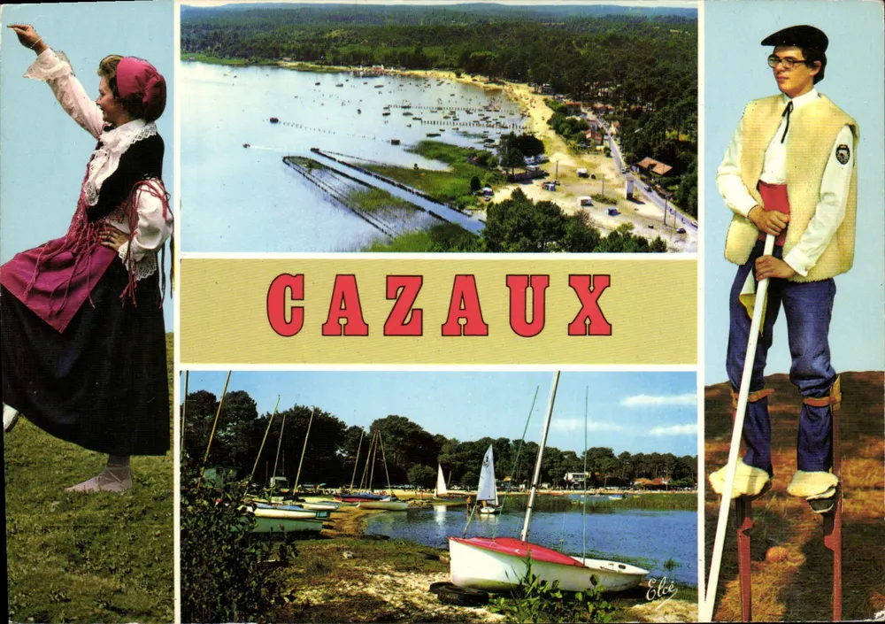 Cazaux — widok z lotu, plaża i jachty — Wydawca Elcé - Awers