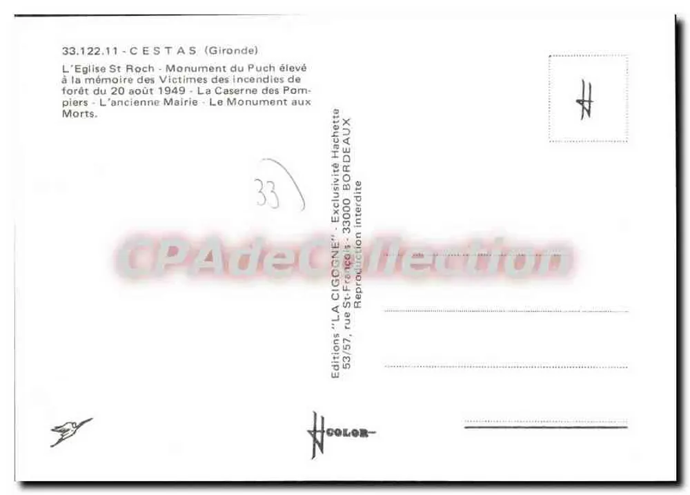 Cestas — Igreja de São Roque, monumento aos mortos, quartel dos bombeiros, centro de socorro — Edições 'La Cigogne' - Verso