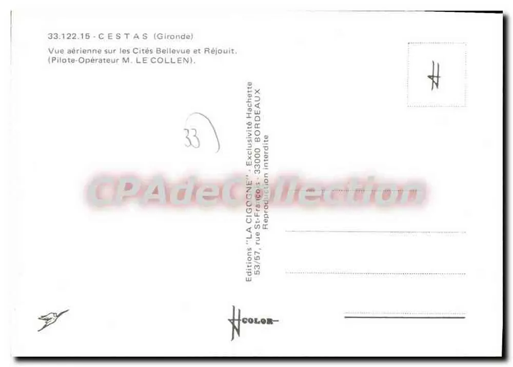Cestas (Gironde) — Luftbild der Städte Bellevue und Réjouit — Editionen 'LA CIGOGNE' - Rückseite
