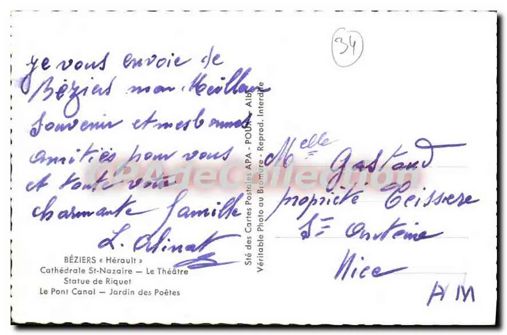 Béziers — Erinnerungskarte — Hérault Postkartenfirma - Rückseite