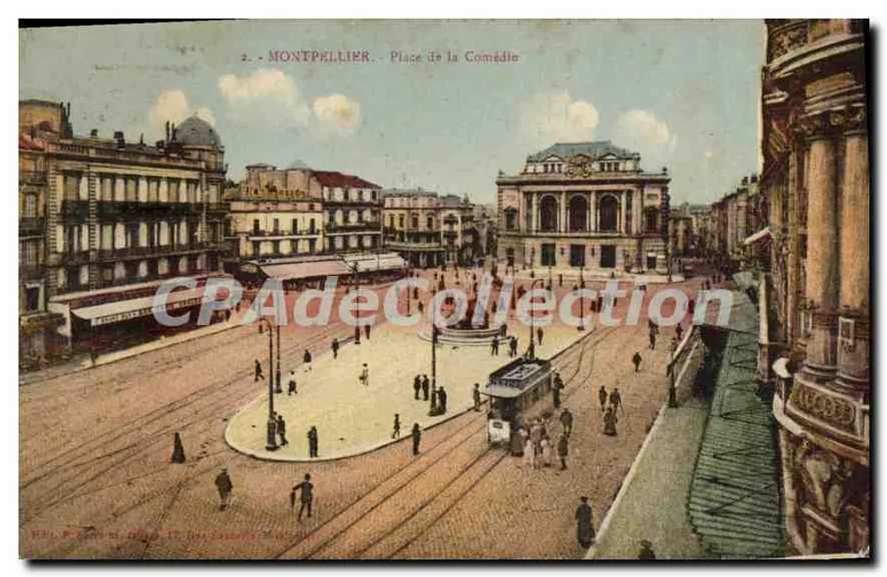 Montpellier - Praça da Comédia — vista panorâmica com trêm e teatro — editor P. P. L. (n°2) - Frente