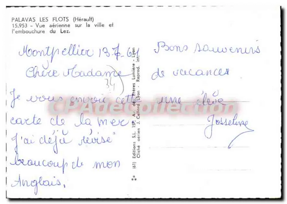 Palavas-les-Flots — Luftbild der Stadt und der Mündung des Lez — Éditions J. Gallard (Dyon) - Rückseite
